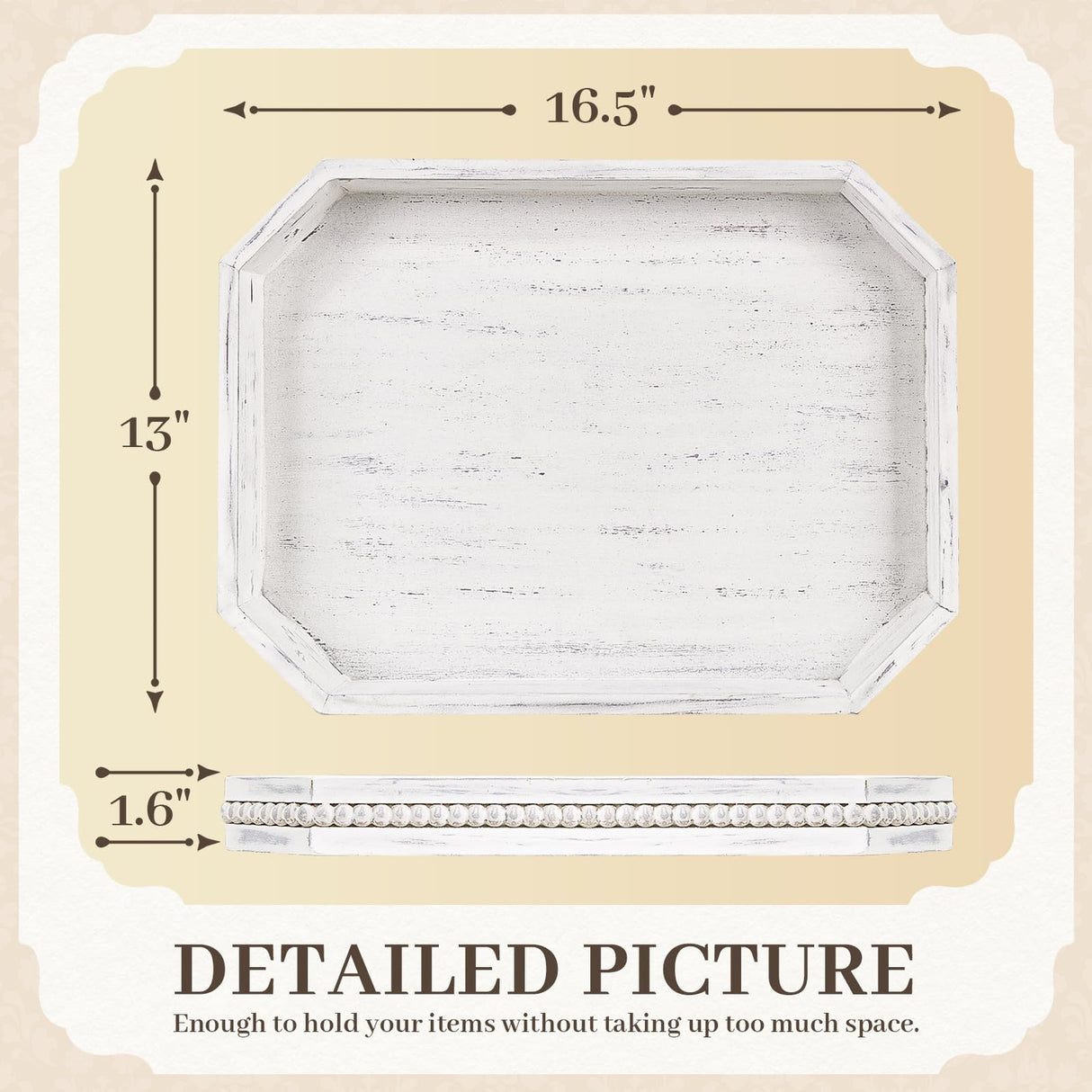 Wooden Decorative Tray, Rustic Serving Tray with Wood Bead, Farmhouse Big Tray for Ottoman, Countertop, Coffee Tabl, 16.5" x 13"x 1.6" (Retro White) CedarLux