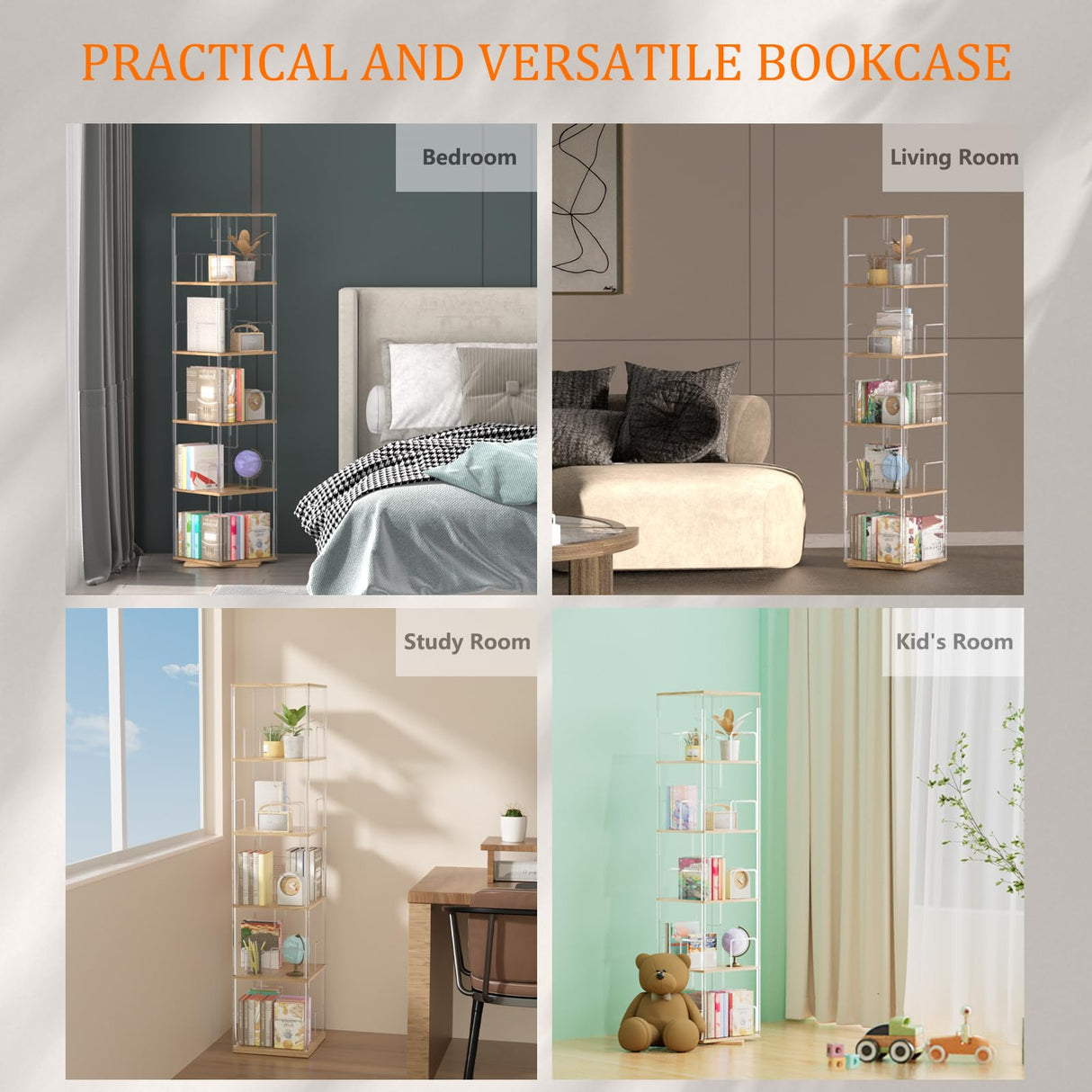 TAKEKIT 360° Rotating Bookshelf, 5-Tier Spinning Book Shelf Tower with Solid Wood & Clear Acrylic, Square Revolving Bookcase for Living Room, Bedroom and Office TAKEKIT