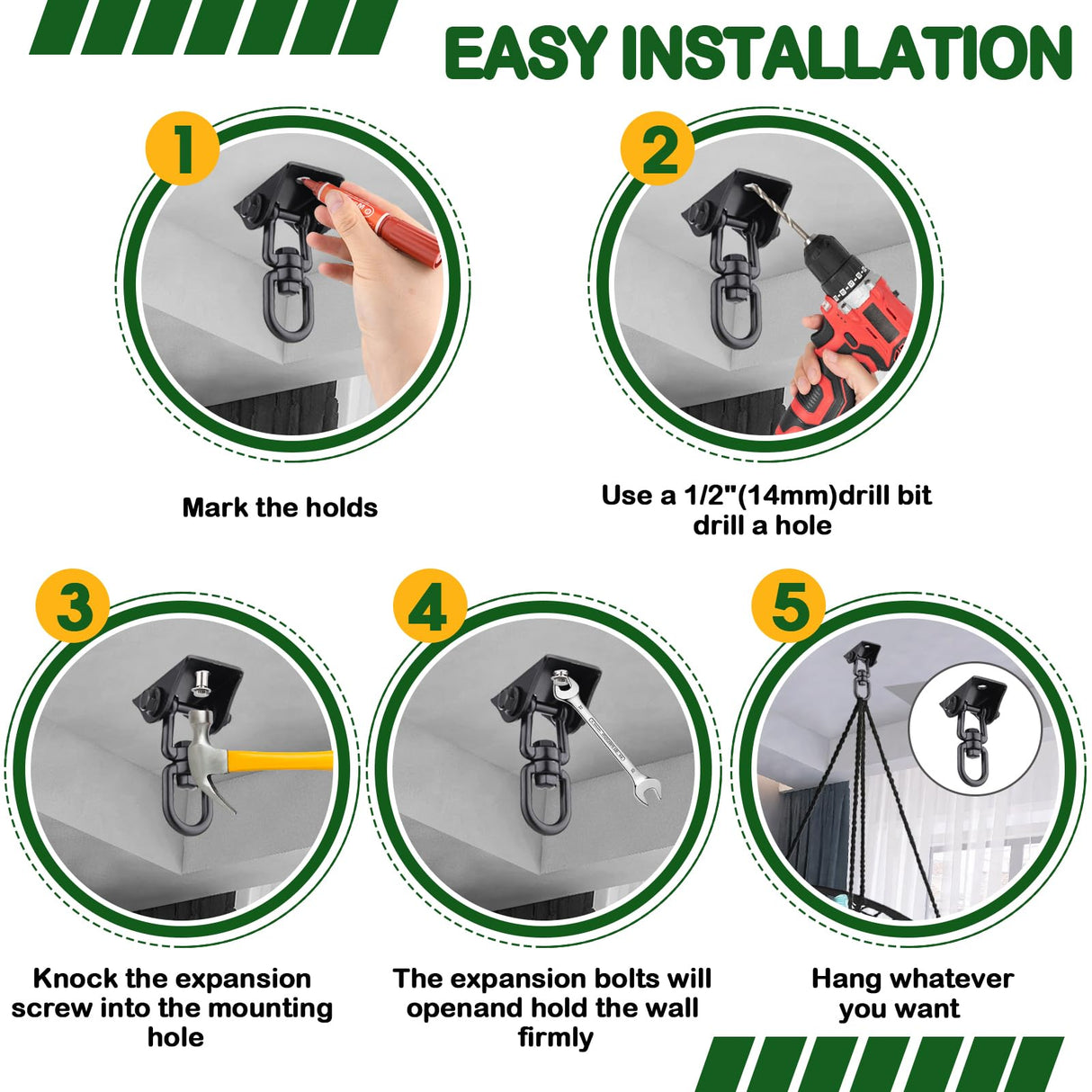 Hammock Hanging Kit 2 Pack, Porch Swing Hanging Kit 1200 Lb Capacity, Hammock Ceiling Hooks Heavy Duty 360°Rotating Hanging Swing Chair Hardware for Hammock Chair Stand, Porch, Yoga, Gym Feanron