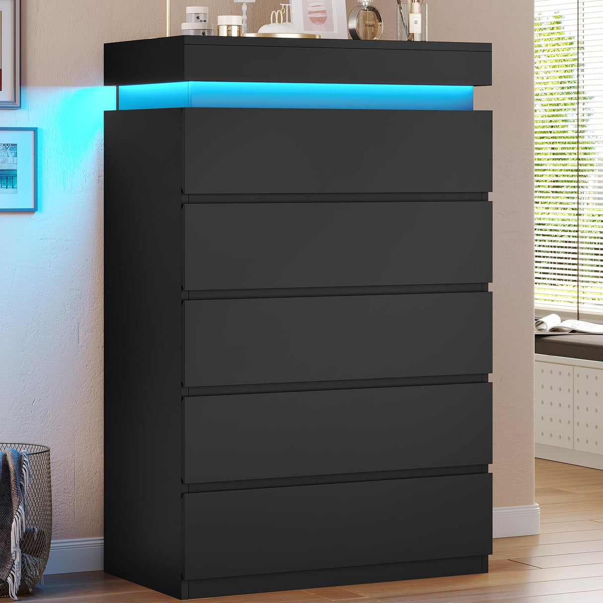 HAUOMS Tall 5 Drawer Dresser with LED Light, Black Modern Chest of Drawers for Bedroom,Closet Dressers with Drawers for Living Room, Entryway, Hallway HAUOMS