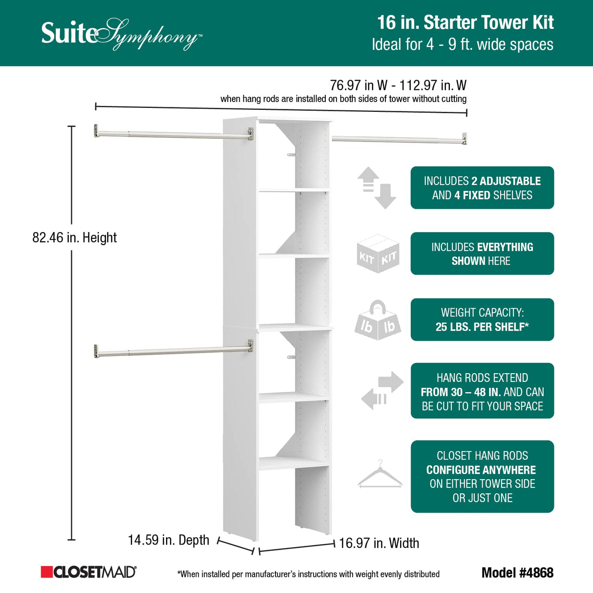 ClosetMaid SuiteSymphony Wood Closet Organizer Starter Kit with Tower and 3 Hang Rods, Shelves, Adjustable, Fits Spaces 4 – 9 ft. Wide, Engineered Wood, Pure White, 16" ClosetMaid