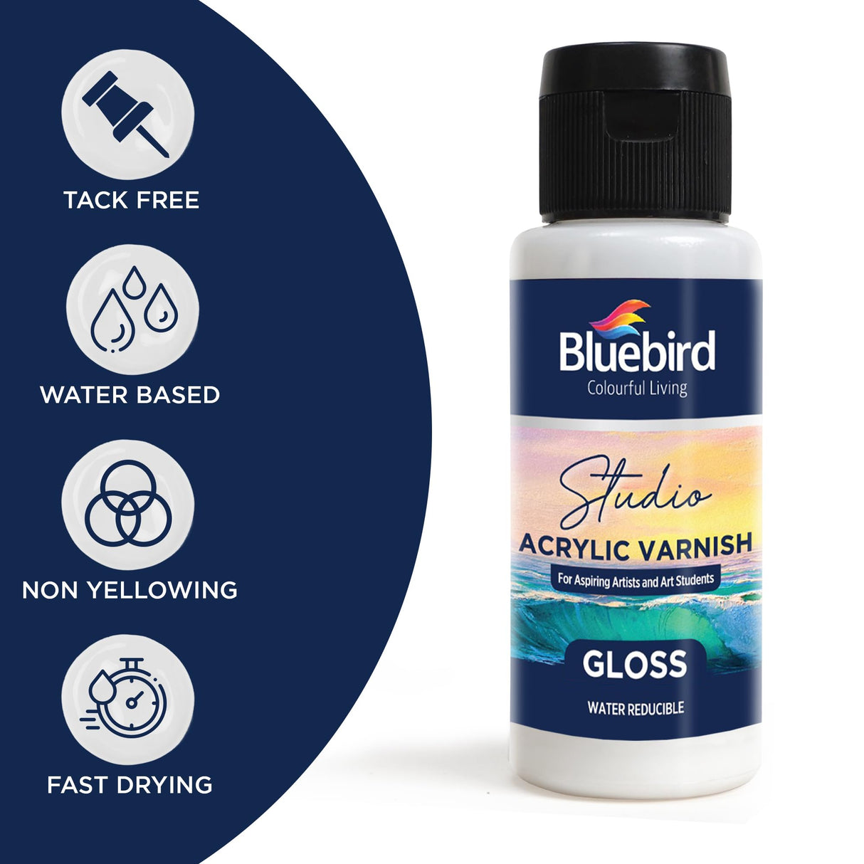 Bluebird Studio Gloss Varnish for Acrylic Painting, 3.4 Fl Oz, Non-Yellowing, Non-Toxic, Anti-Crazing, Basic Varnish for Pro Artists, Hobby Painters & Kids BLUEBIRD