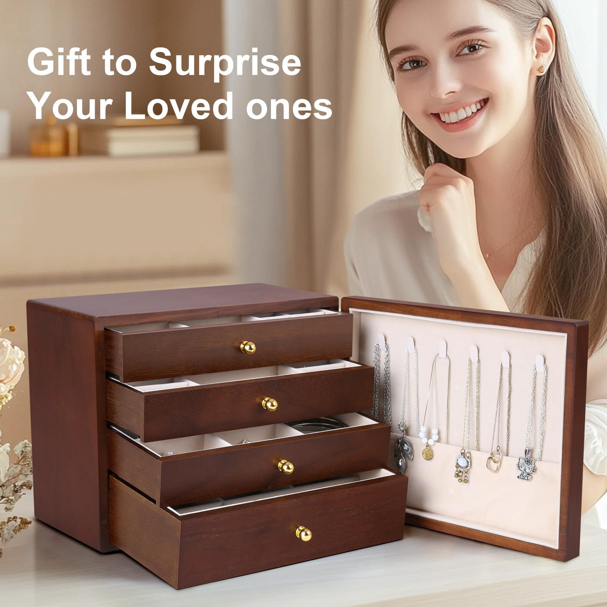 Kendal Wooden Jewelry Box for Women, Wooden Jewelry Organizer, 4-Layer Jewelry Organizer Box with Side Door, Single Door Jewelry Holder Organizer for Earrings, Necklaces, Rings Kendal