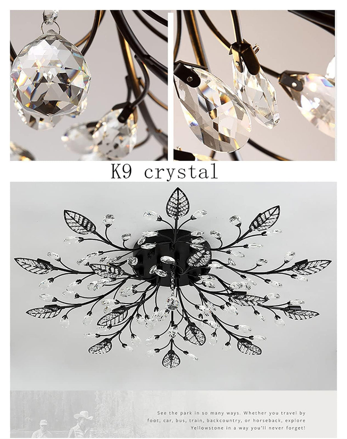 Modern Crystal Ceiling Light Fixture,Semi Flush Mount Chandeliers,Crystal Leaf Ceiling Light, Chandeliers for Dining Room,Living Room,Bedroom (Black, 15-Lights) Ridiss