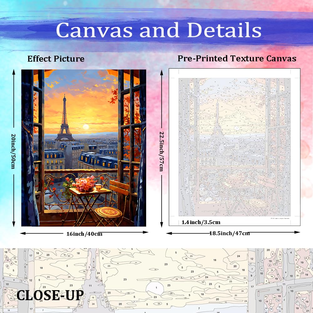 JUJUHOOD Romantic View Paris from Window Paint by Numbers Kit for Adults,Eiffel Tower Adult Paint by Number Kits,DIY Acrylic Paint by Number on Canvas for Home Wall Decor 16X20 Inch JUJUHOOD