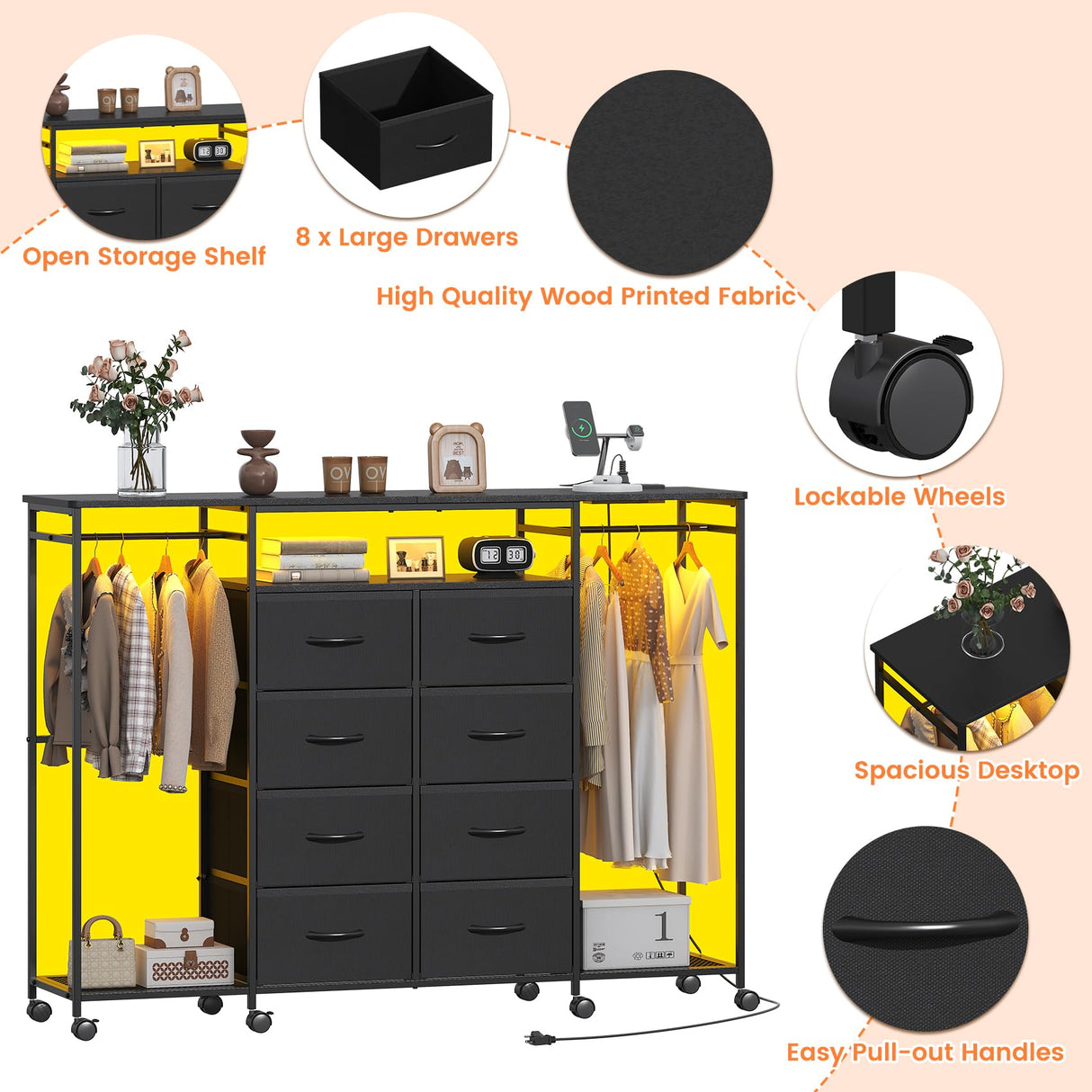 Frmobepts 59.1" W Dresser for Bedroom with Hanging Rack, 8 Drawer Dresser with LED Lights & Charging Station, Fabric Dressers with Portable Wheels,Metal Frame, Wooden Top (Black) Frmobepts