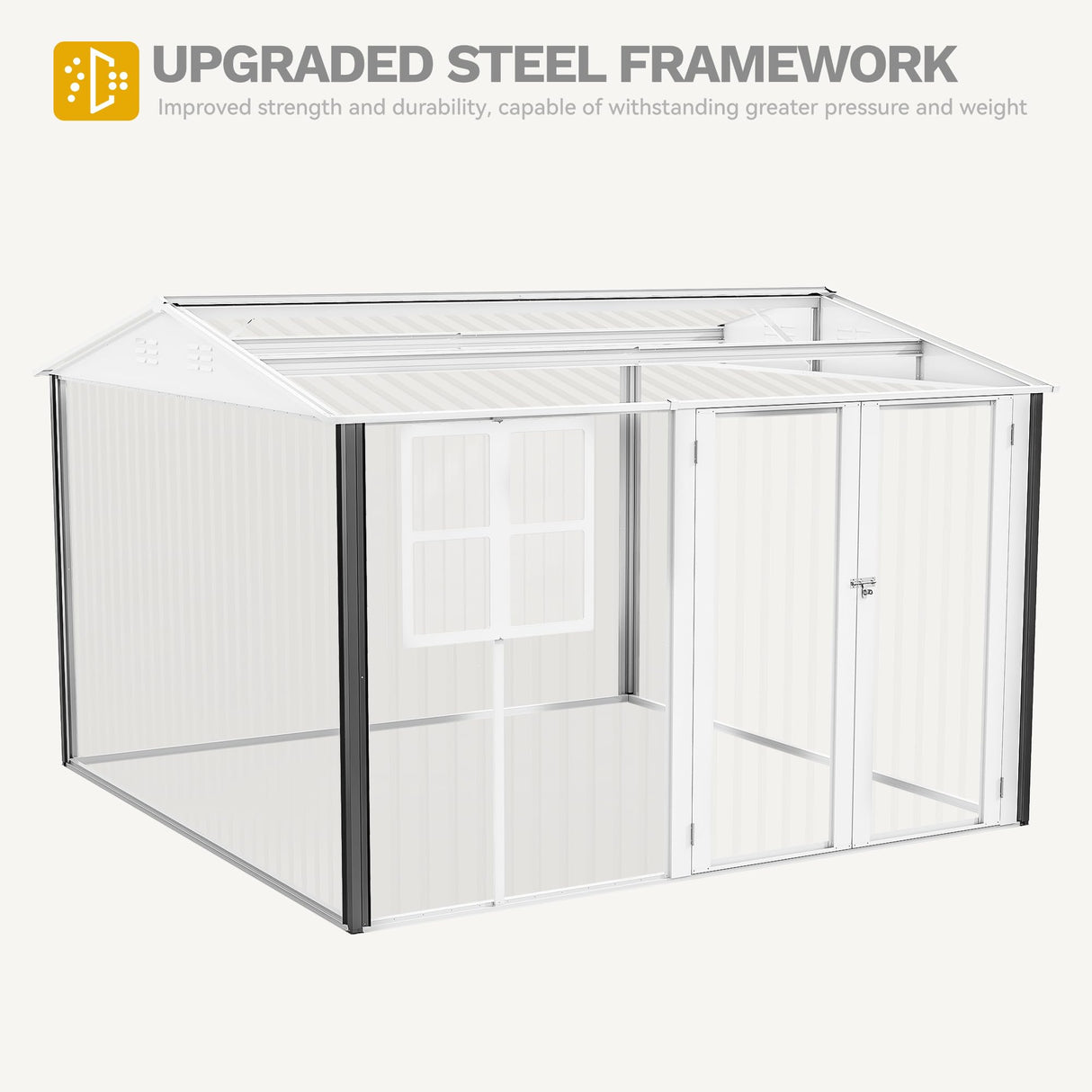 DWVO 10x10ft Metal Outdoor Storage Shed with Window, Lockable Tool Storage Sheds, Oversized Steel Garden Sheds with Sloped Roof for Backyard, Patio, Garage, Lawn, Gray & White DWVO