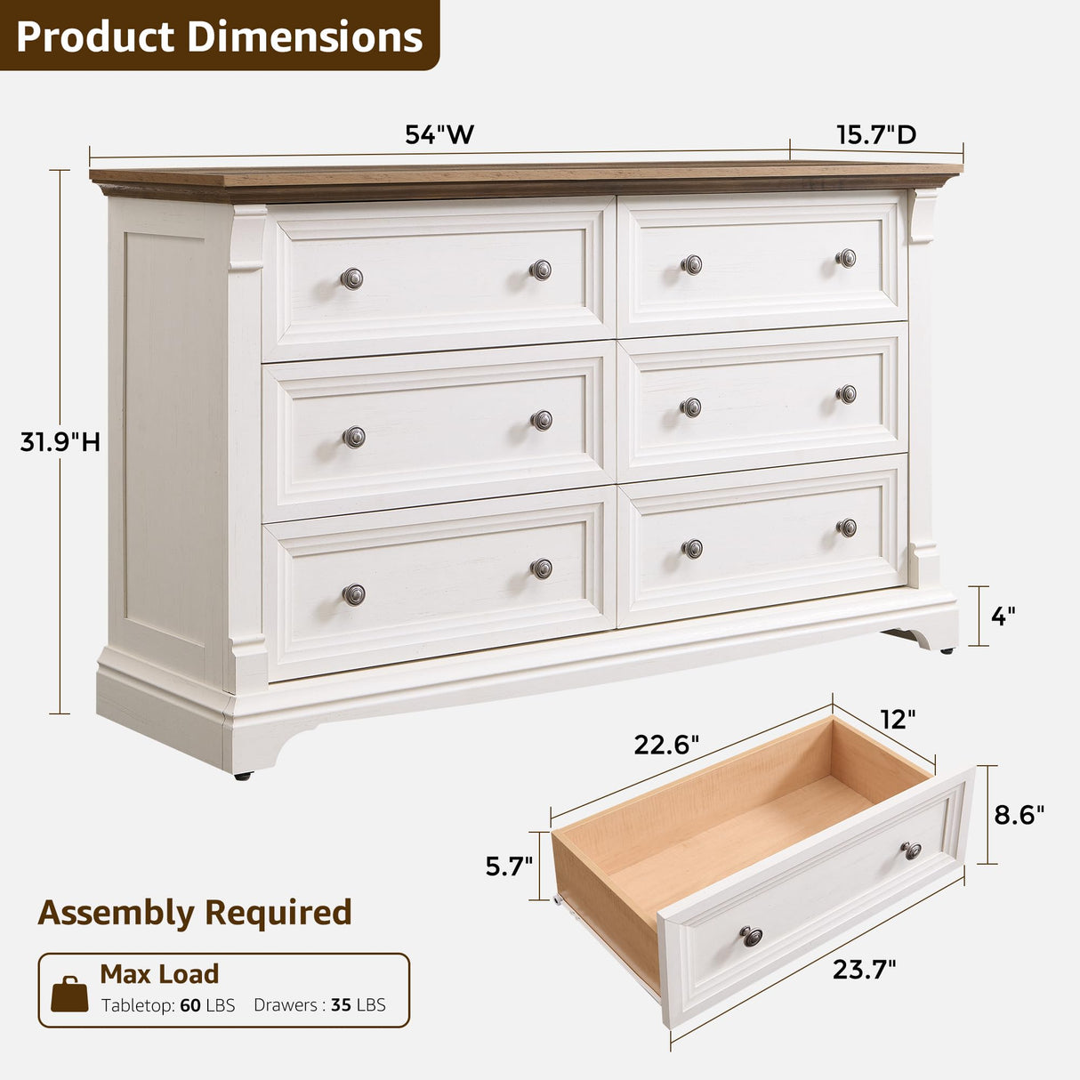 Farmhouse 6 Drawers Dresser for Bedroom, 54" Wide Large Dressers & Chests of Drawers w/Roman Column, Wooden Dresser TV Stand with Large Drawers for Nursery Bedroom Living Room Hallway, Antique White T4TREAM