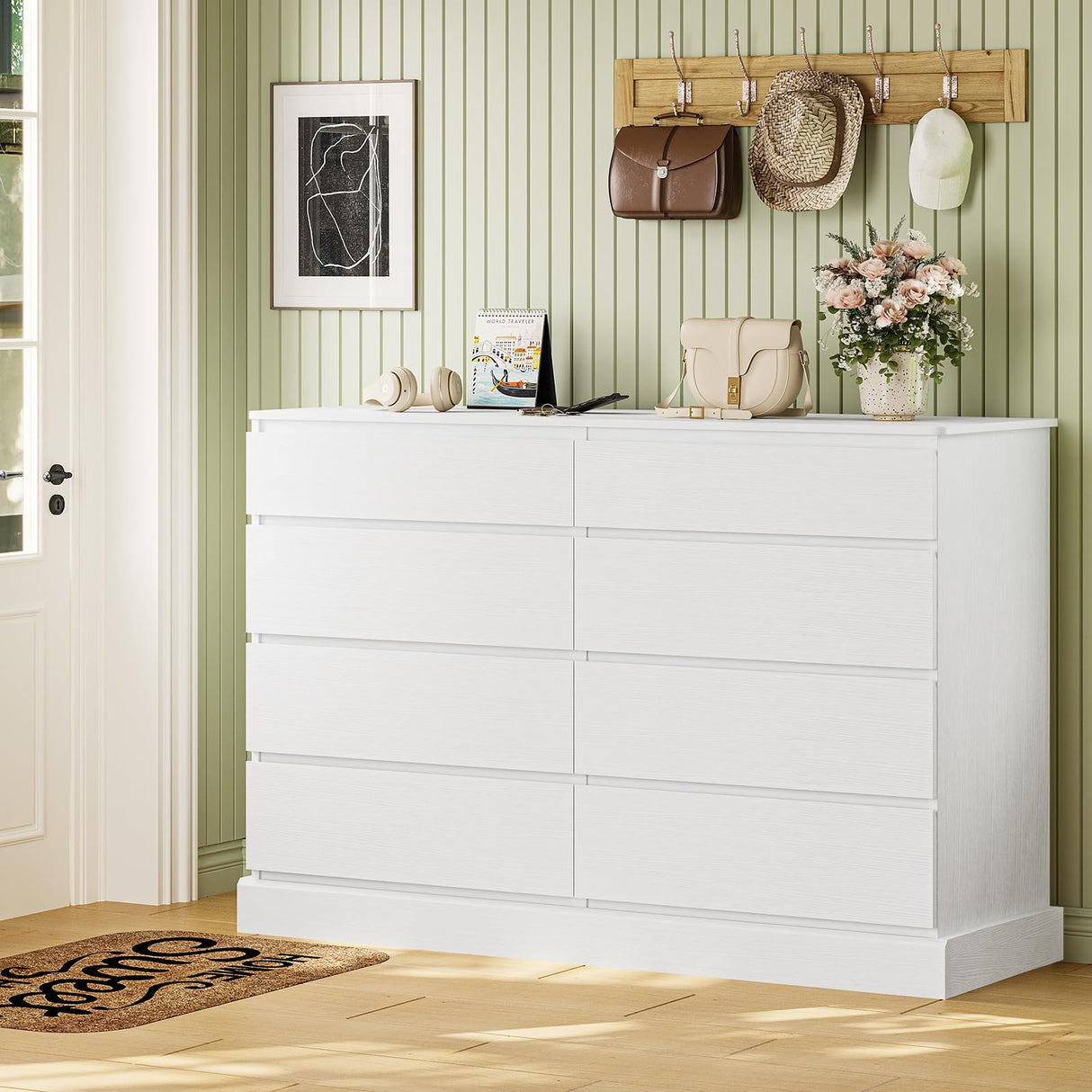 Hasuit White Dresser for Bedroom, Long Dresser with 8 Drawers, 51.5''W Wooden Dressers Chest of 8 Drawers, Large Capacity Clothing Storage Cabinet, Wide Dressers for Bedroom Living Room Entryway Hasuit