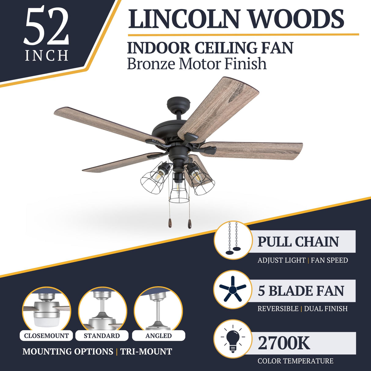 Prominence Home Lincoln Woods, 52 Inch Industrial Style LED Ceiling Fan with Light, Pull Chain, Three Mounting Options, 5 Dual Finish Blades, Reversible Motor - 50581-01 (Bronze) Prominence Home