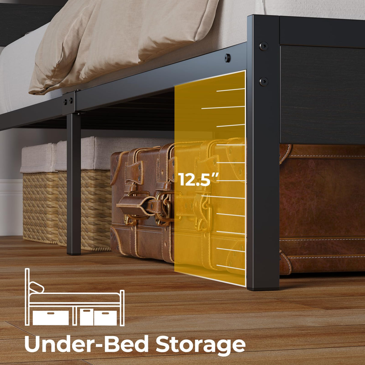 Rolanstar Bed Frame Twin Size with USB Charging Station, LED Bed Frame with Wood Storage Headboard, Black Metal Platform Bed with Under Bed Storage, No Box Spring Needed, Noise Free Rolanstar