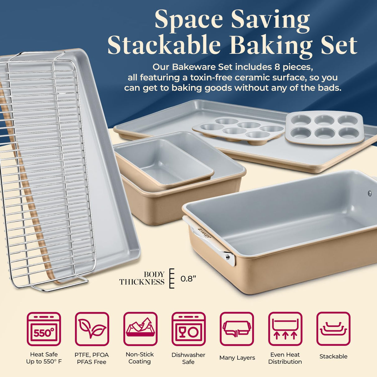 Bakken 8-Piece Stackable Bakeware Set – Ceramic Non-Stick, Oven-Safe Baking Sheets & Pans, PTFE/PFOA/PFOS-Free, Ergonomic Handles, Includes Cooling Rack – Healthy, Non-Toxic Baking Essentials BAKKENMASTER