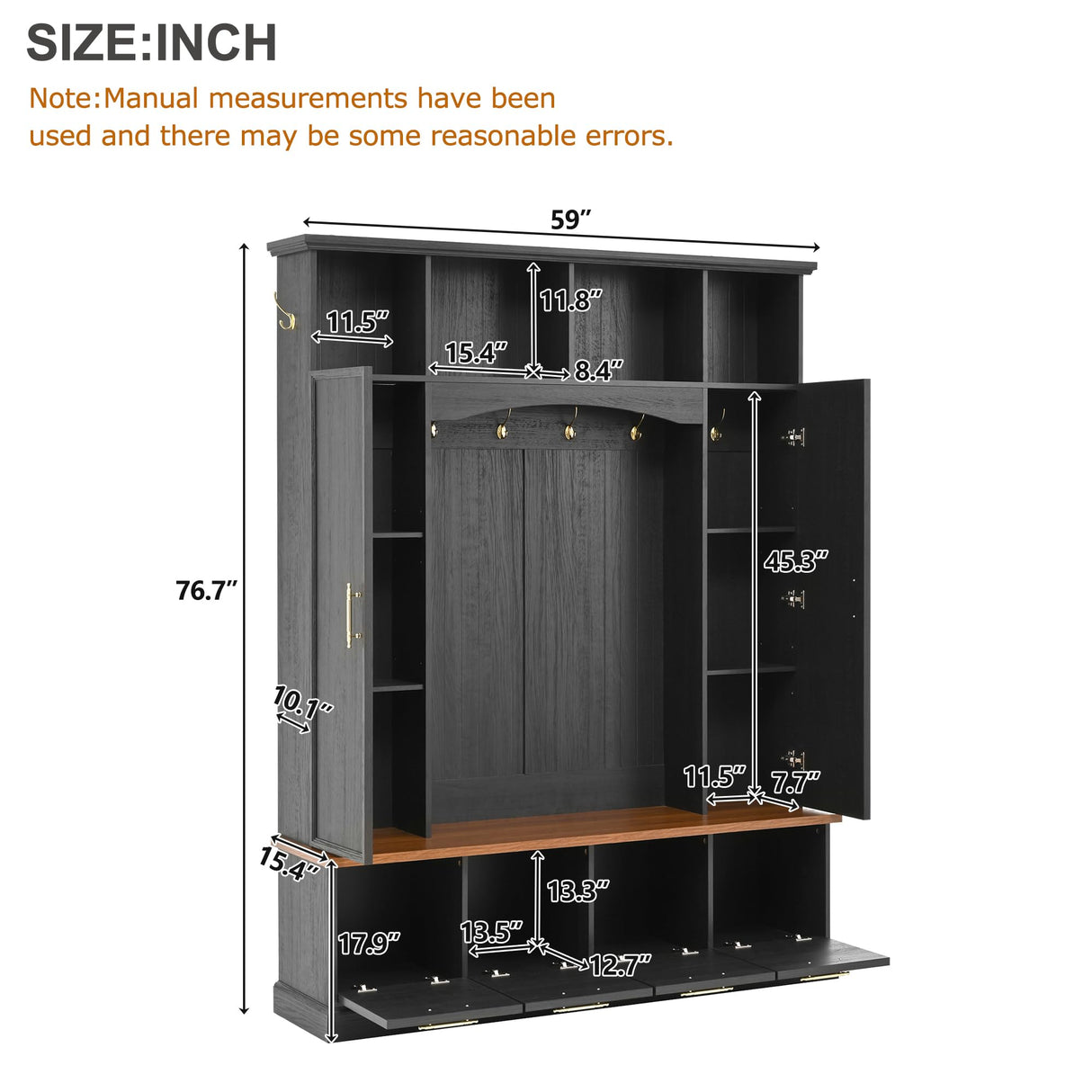 Merax 59" Farmhouse Hall Tree with Golden Hooks & Walnut Bench, Entryway Organizer with Adjustable Shelves, Shoe Storage, Anti-Tip for Mudroom, Living Room, Black Merax