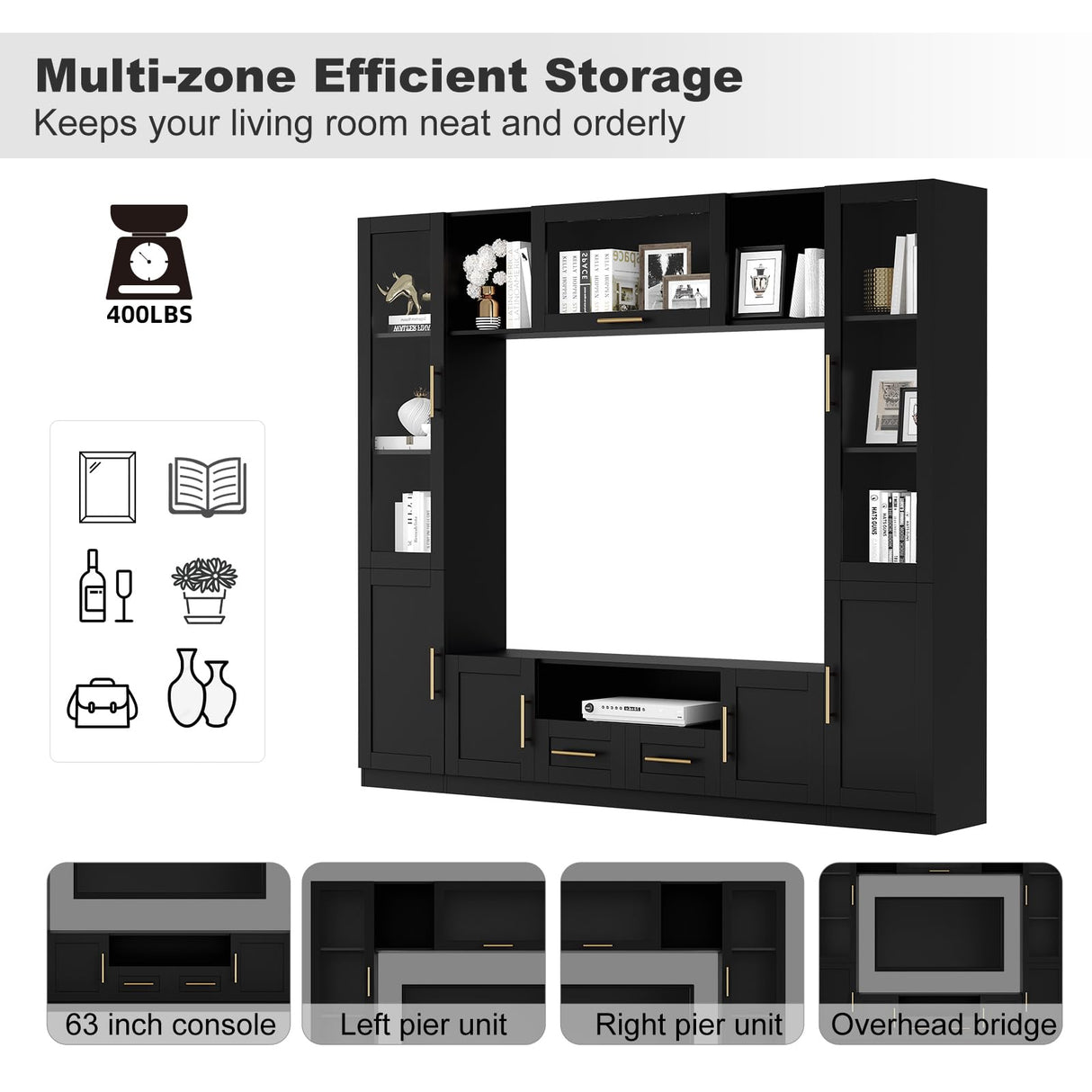 Mekminop 4-Piece TV Stand for TVs Up to 70" - Modern Entertainment Wall Unit with Shelves, Large Media Center for Living Room, Black Mekminop