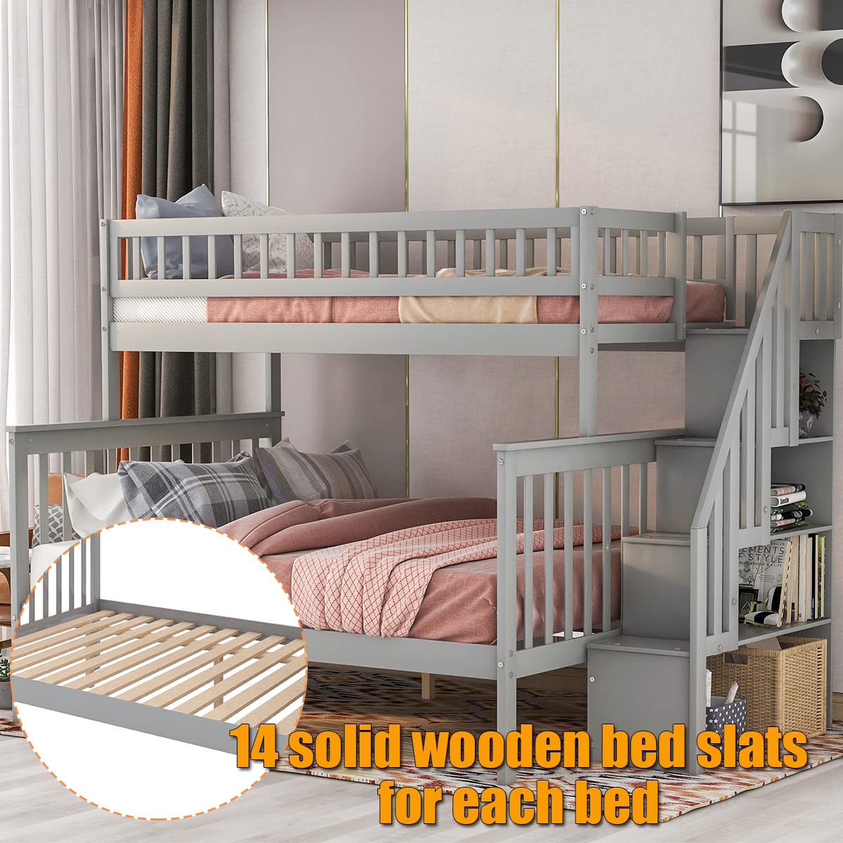 Harper & Bright Designs Twin Over Full Bunk Beds with Stairs, Wood Bunk Bed with Storage and Guard Rails,Bunk Beds Twin Over Full Size for Kids, Bedroom, Dorm, Teens, Adults, Grey Harper & Bright Designs