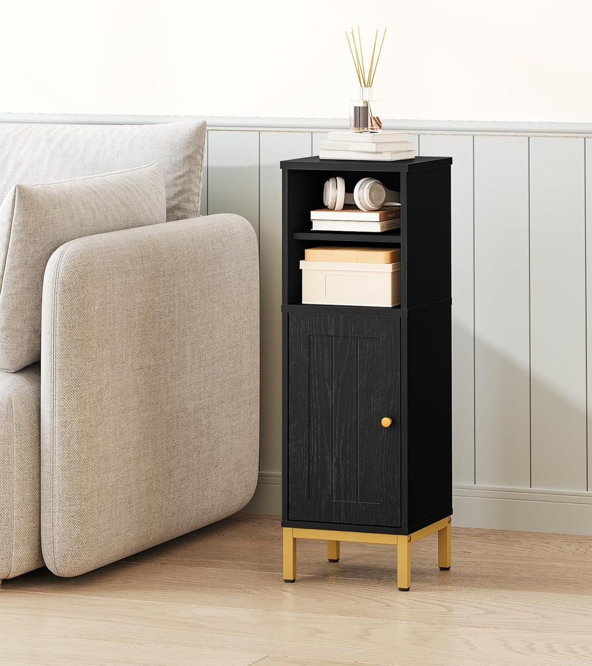 Hzuaneri Bathroom Storage Cabinet, Corner Floor Cabinet with Shelves, Customized Door Opening Direction, Bathroom Organizer with Adjustable Shelf for Kitchen, Living, Toilet Paper Cabinet, Black Hzuaneri