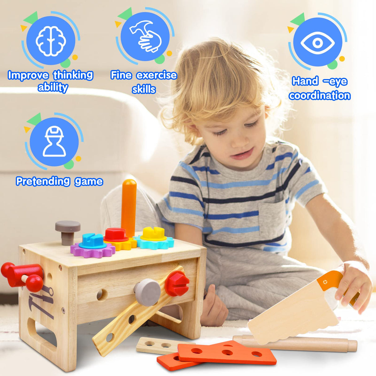Mgtfbg Kids Tool Set - 29 PCS Wooden Toddler Tool with Box, Montessori STEM Educational Pretend Play Construction Toy for 2 3 4 5 6 Year Old Boys Girls, Best Birthday Gift Mgtfbg