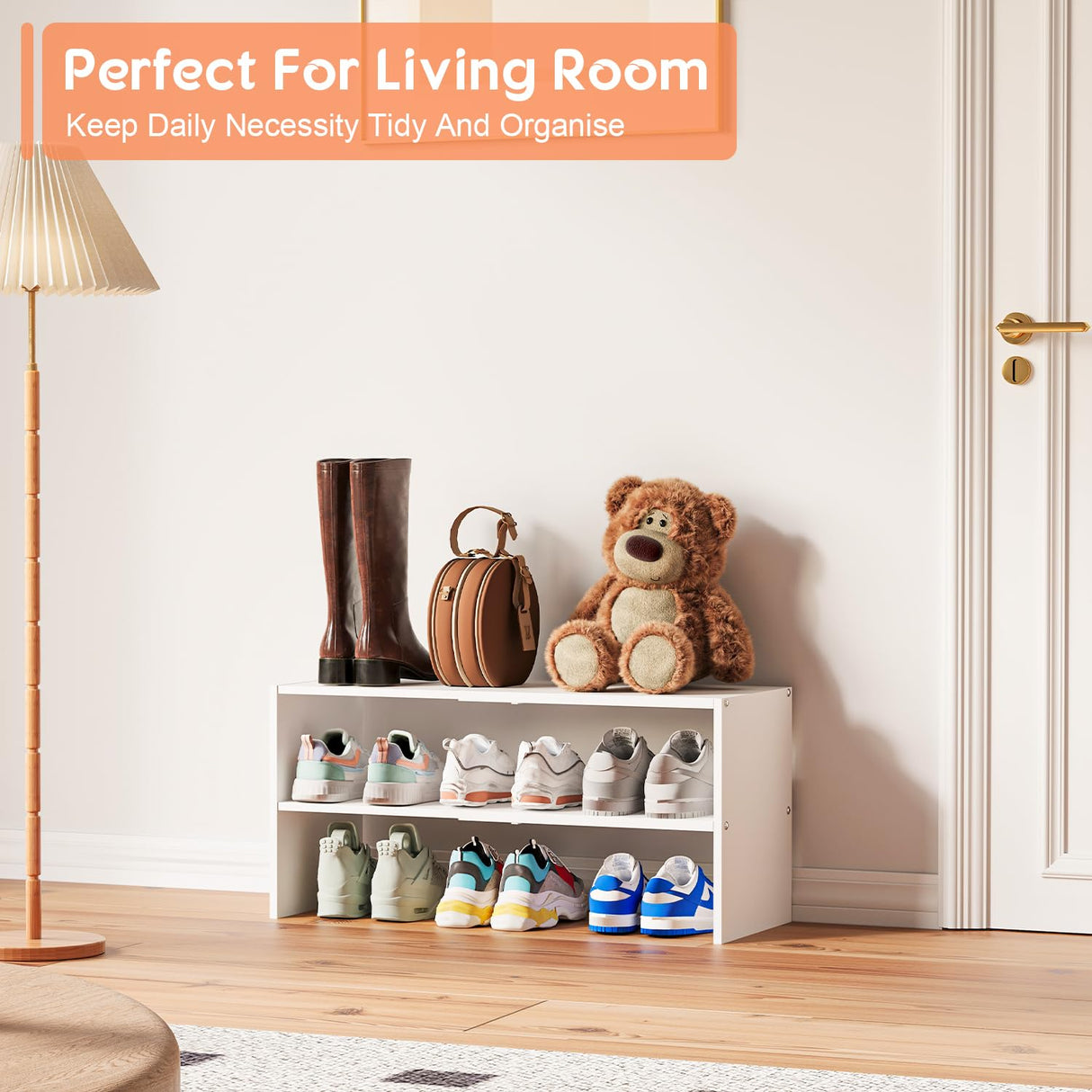 2-Tier Expandable White Shoe Rack Organizer for Closet, Stackable Shoe Rack Storage Shelf, Small Iron Wood Combination Shoe Shelves for Closets,Entryway,Front Door, Narrow Space,Hallway,6-12 Pairs Hencawima