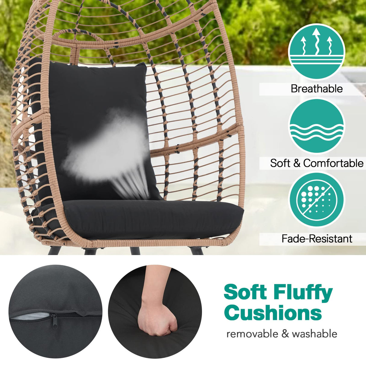 Patiorama Wicker Egg Chair Outdoor Indoor, Rattan Lounge Chair for Outside w/Legs Cushion, Basket Wicker Chair for Bedroom Living Room Front Porch Backyard Garden 350 lbs Capacity (Black) Patiorama
