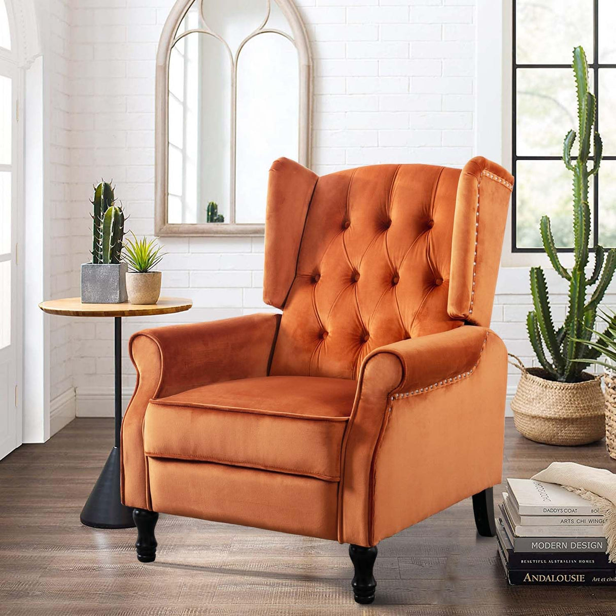 Altrobene Velvet Accent Chair, Push Back Recliner Chair, Wingback Arm Chair for Living Room/Bedroom/Home Theater/Reception Area, Caramel Altrobene