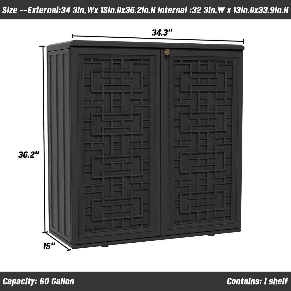Mrosaa Indoor Outdoor Storage Cabinet Waterproof with Shelf,Plastic Storage Sheds Outdoor Cabinets for Patio/Garden/Backyard, Size 34.3''L*15''W*36.2''H(Black) Mrosaa