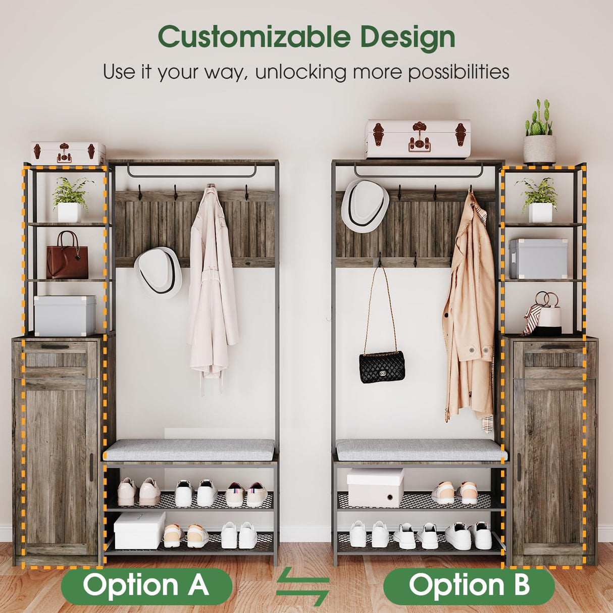 HOVANESTY Hall Tree with Bench and Shoe Storage, Coat Rack with Shoe Storage for Entryway, Mudroom Storage Cabinets with 11 Hooks, Drawers and Shelves, 7-in-1, Farmhouse, Industrial Style, Ash Gray HOVANESTY