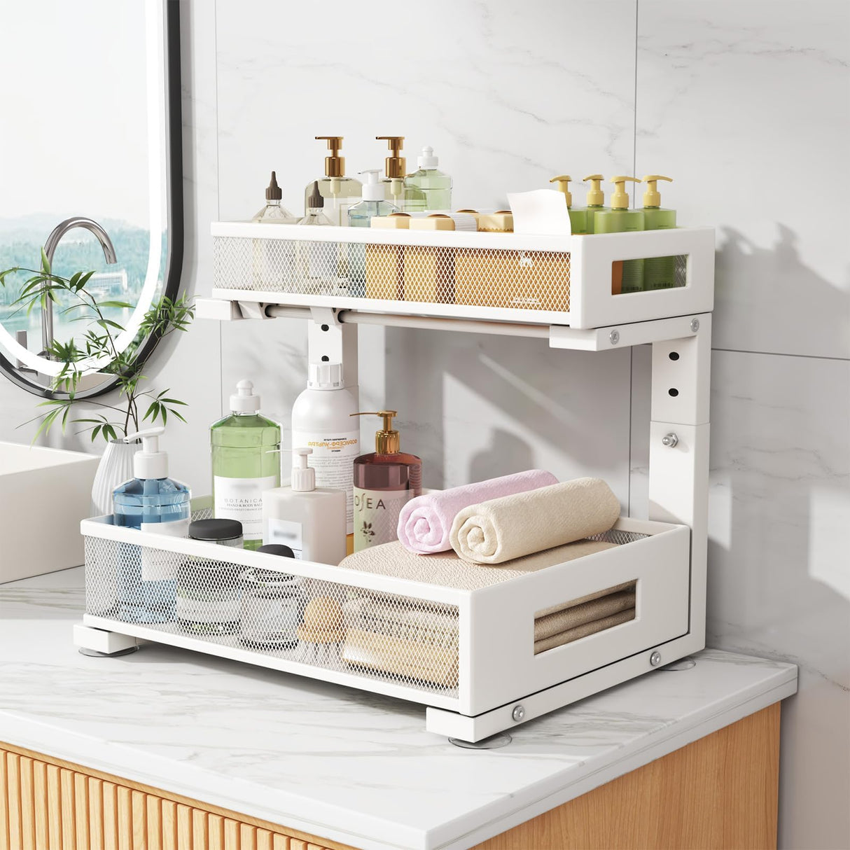 2-Pack Under Sink Storage Organizer, Large 2-Tier Elegant Mesh Pull Out Shelf for Kitchen and Bathroom Cabinet Organization, L-Shaped and Adjustable Height Design for Maximum Space Efficiency-White Biboraya