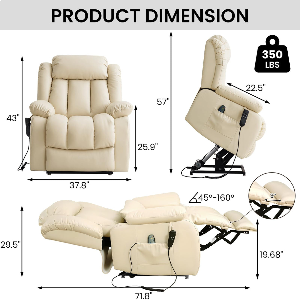 TEKAMON Power Lift Recliner Chair for Elderly with Heat & Massage, Dual Motor Breathable Leather Recliner, Lay Flat Sleeping Chairs with Infinite Position, RemoteControl(Beige, Extended) TEKAMON