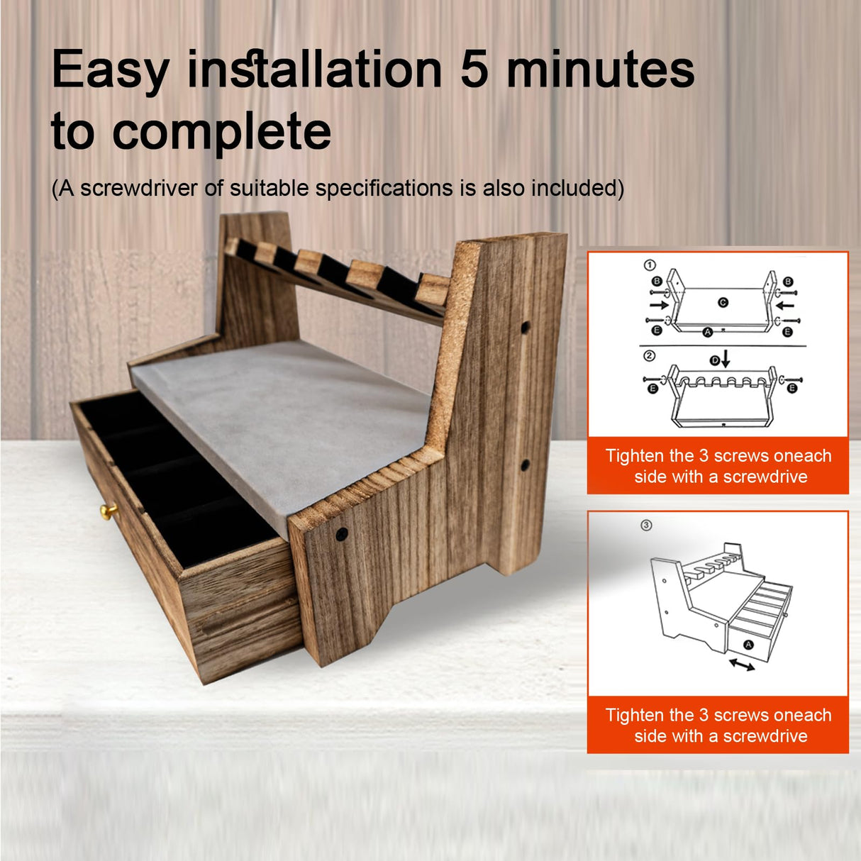 Lanmik Wooden Pistol Rack With Drawer for Gun Storage Solid Wood Gun Rack Holder Rustic Pistol Display Stand Gun Safe Organizer Accessory with 6 Lanmik