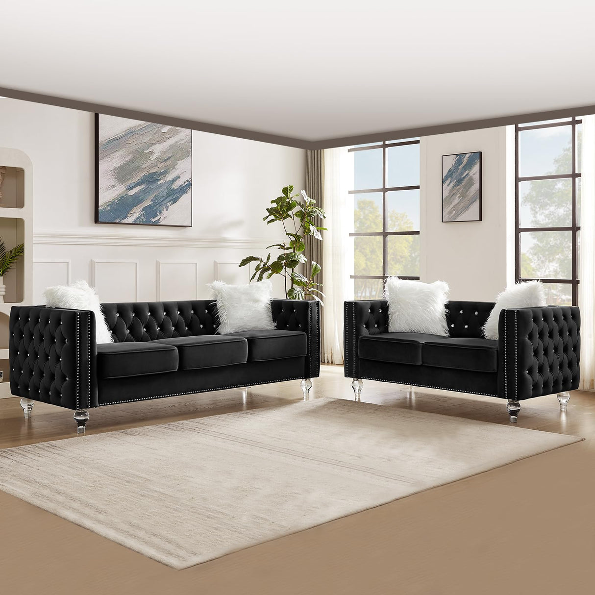 Homies Life 83" Chesterfield Sofa, Velvet Mid-Century Modern Upholstered Couch with 2 Throw Pillows and Acrylic Legs, Nailhead Button Tufted Vintage Sofa for Living Room, Apartment, Office, Black Homies Life