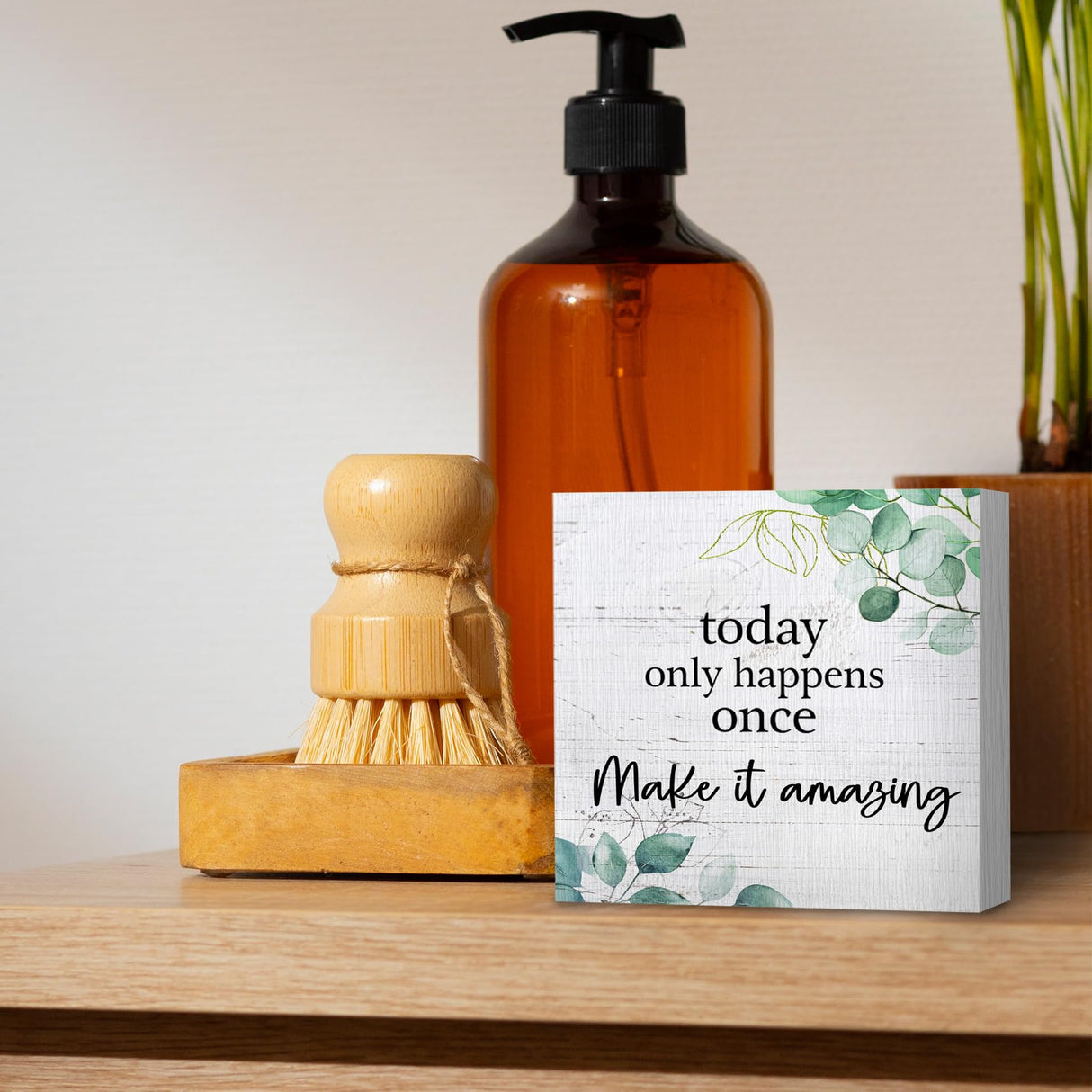 ANIANG Inspirational Wooden Box Sign, Motivational Desk Decor, Rustic Modern Farmhouse Decor, Today Only Happens Once Make It Amazing Wood Block Box Sign Plaque for Office Home Shelf Decor ANIANG