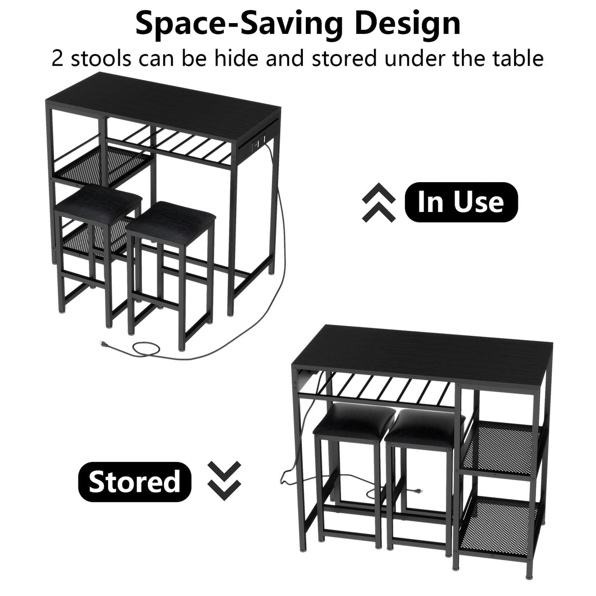 Gyfimoie Bar Table and Chairs Set with Power Outlet, Pub Table and Chairs Set for 2 with 2 Storage Shelves, 3 Piece Table Set with Wine Rack&Glass Holder for Living Room,Dining Room,Small Apt (Black) Gyfimoie