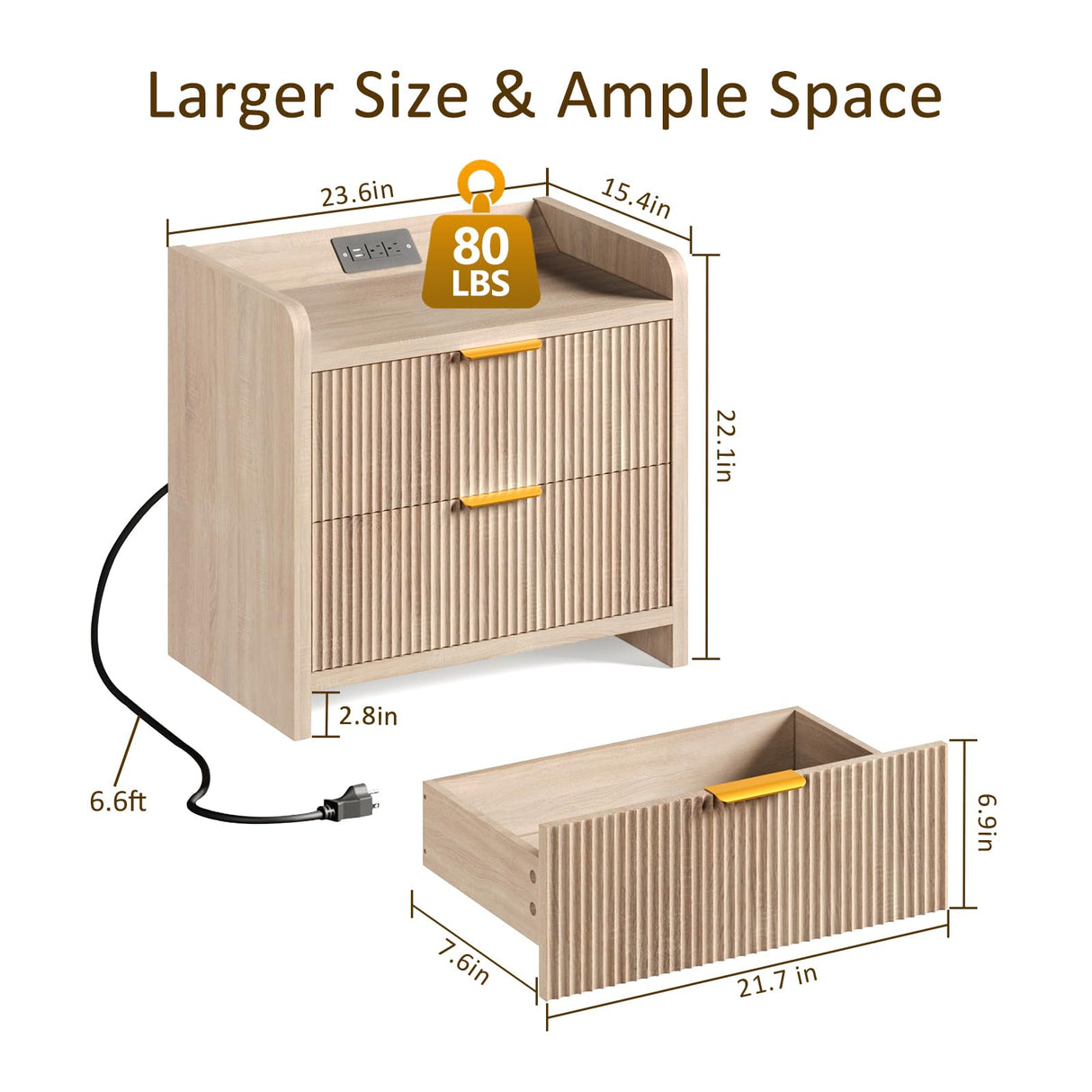 SEPTBOT Fluted Nightstand Set of 2, 23.6" Night Stand with Charging Station,Modern Side Table with 2 Drawers,Bedside Table for Bedroom,Living Room,Natural Oak SEPTBOT