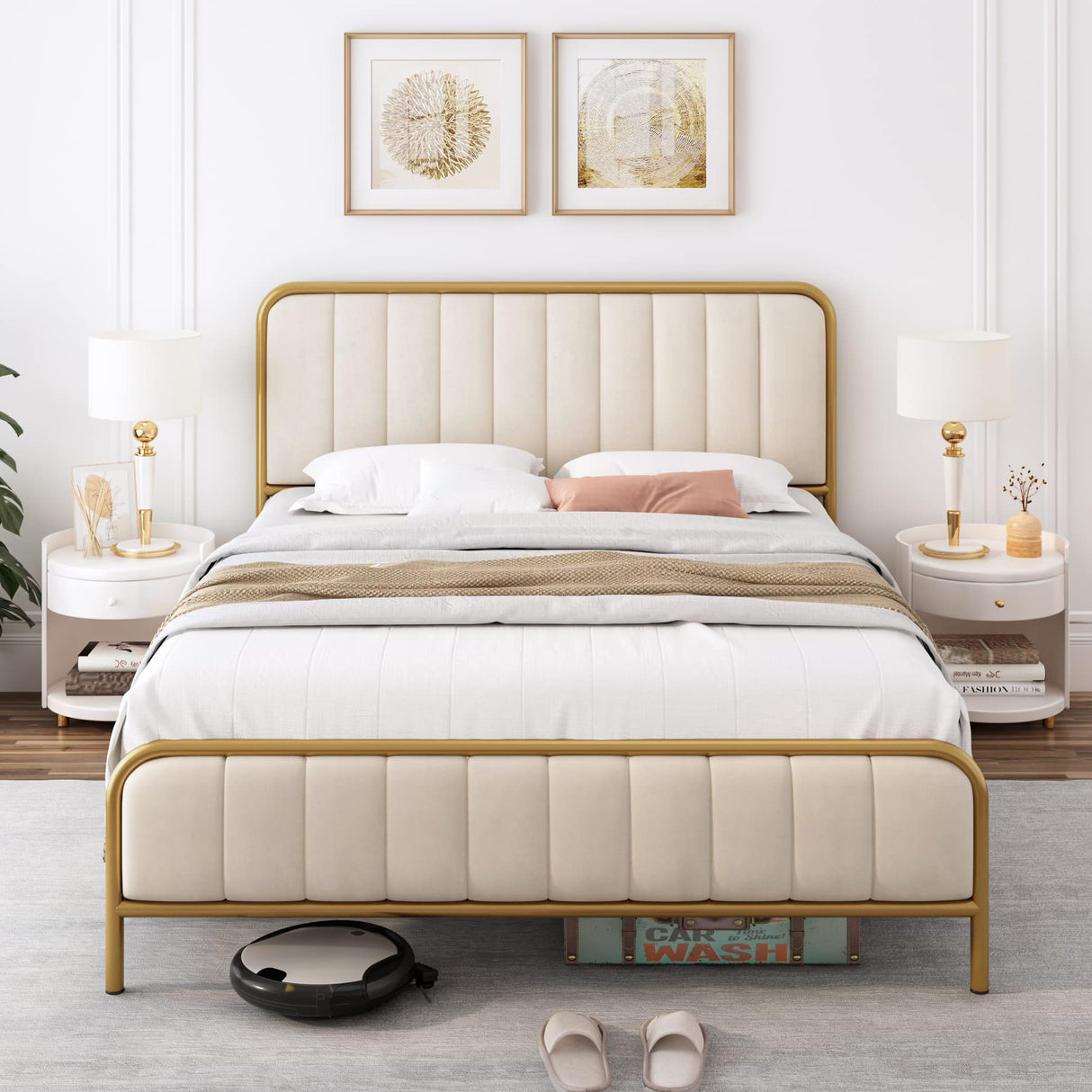 HITHOS Full Size Bed Frame with Button Tufted Headboard, Upholstered Heavy Duty Metal Mattress Foundation with Wooden Slats, Easy Assembly, No Box Spring Needed (Golden/Off White, Full) HITHOS