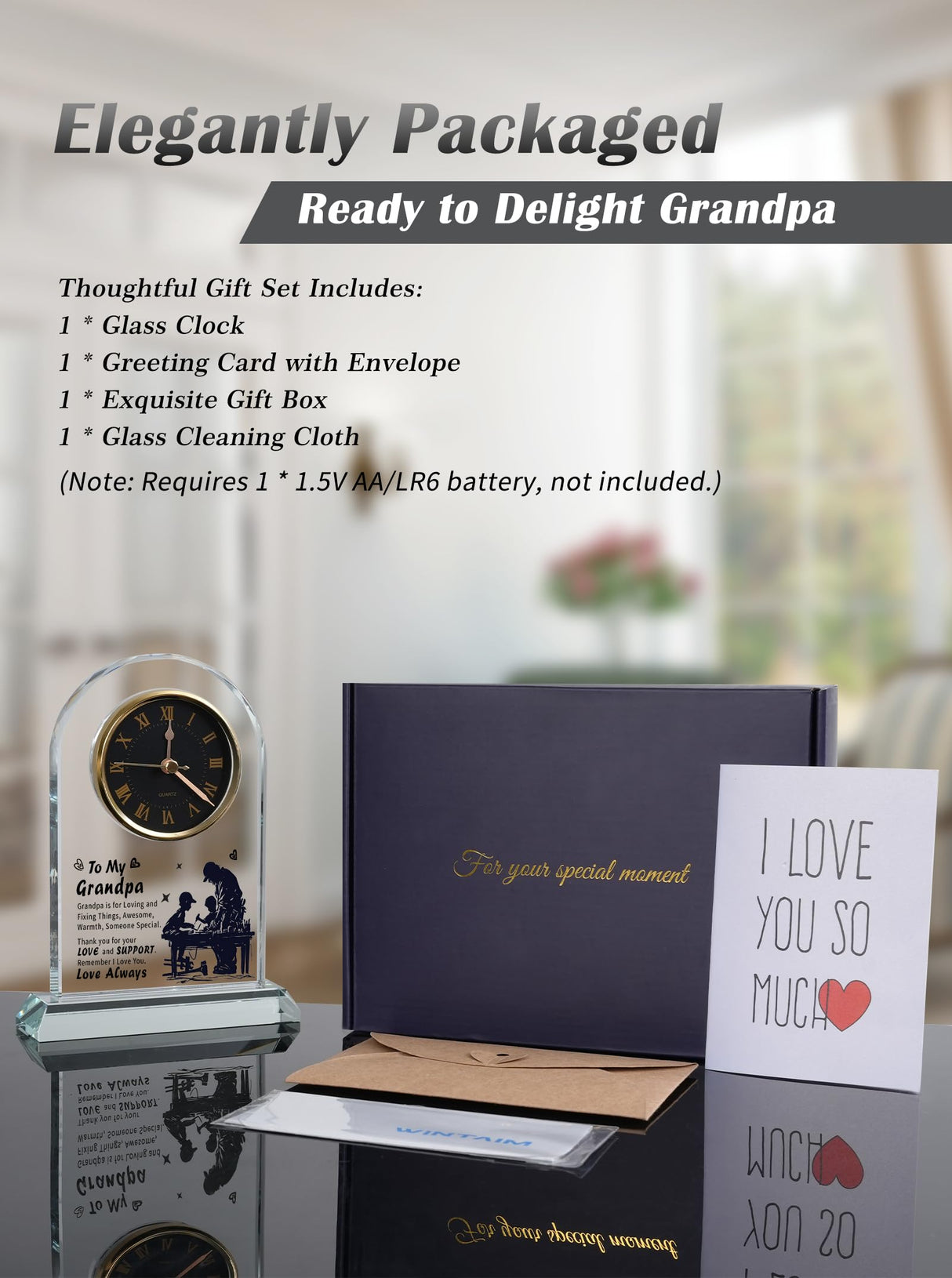 WINTAIM Grandpa Glass Clock Gift from Granddaughter or Grandson - Unique Grandfather Clock Gift Ideas for Great Grandpa Birthday, Christmas, Thanksgiving WinTaim