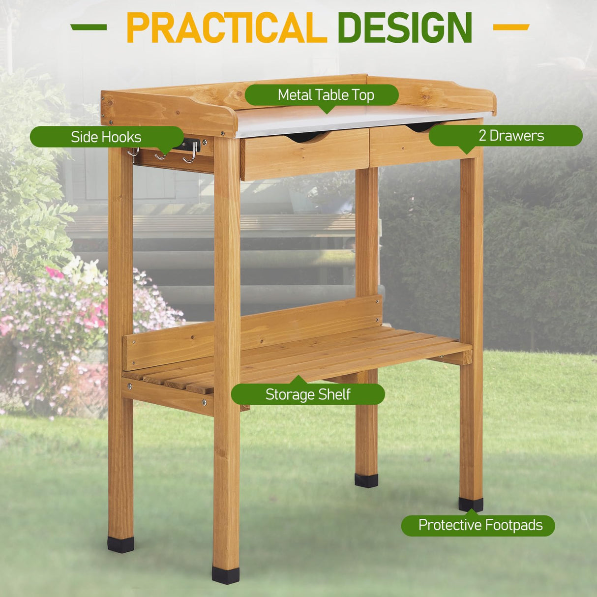 Outvita Outdoor Garden Potting Bench Table Work Bench with 2 Drawer, Storage Shelf, Metal Tabletop, 3 Hooks for Horticulture, Natural Wood Outvita