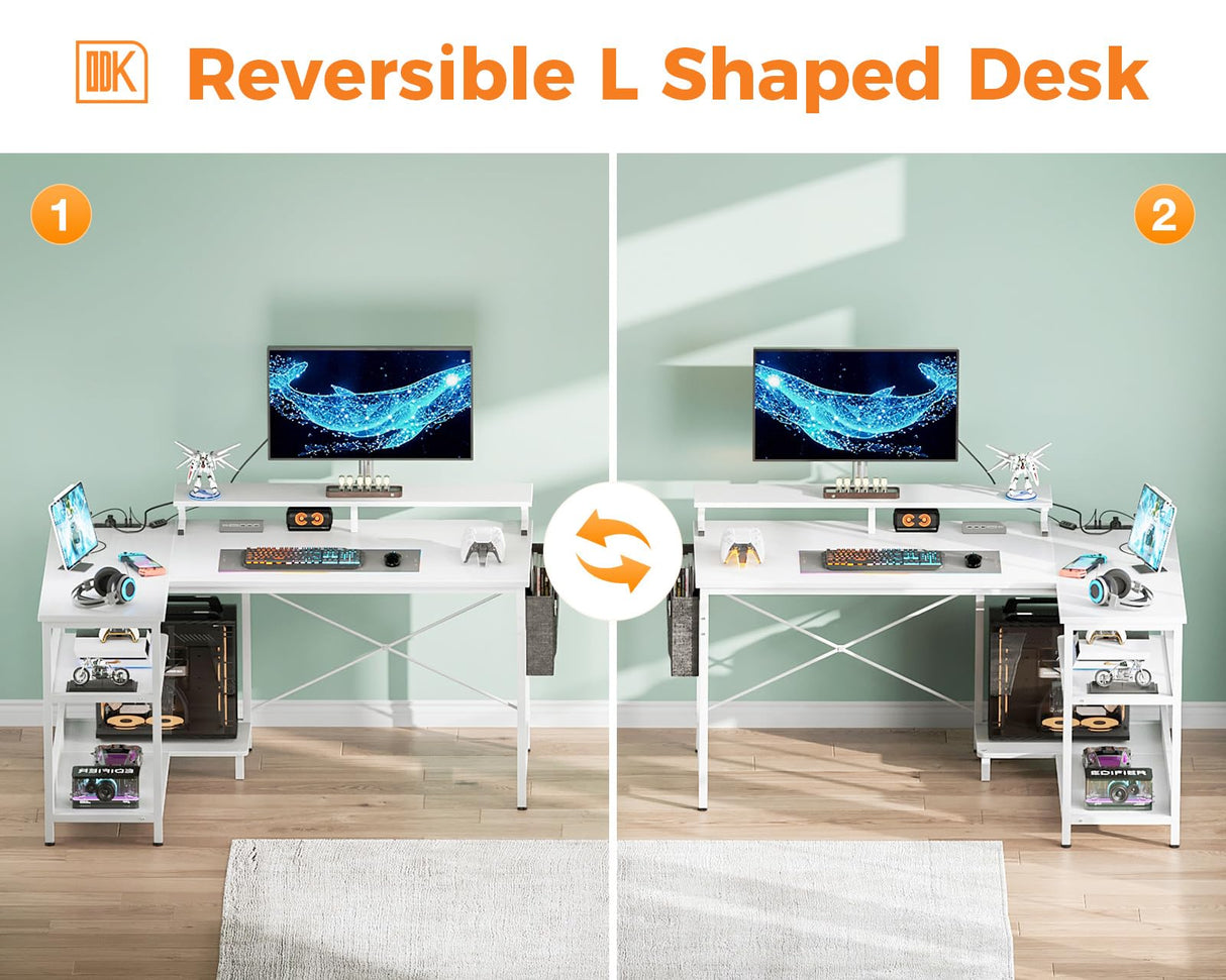 ODK 48 Inch Gaming Desk with USB Charging Ports and LED Lights, Reversible L Shaped Computer Desk with Storage Shelves & Monitor Stand, Corner Home Office Desk Table with Power Outlets, White ODK