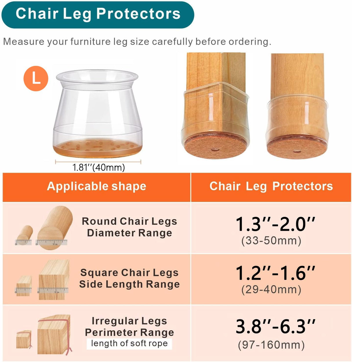 Ansible 24 Pcs Chair Leg Floor Protectors, Silicone Felt Furniture Leg Pads Caps Covers for Hardwood Floors (fit:1.3''-2'') Ansible