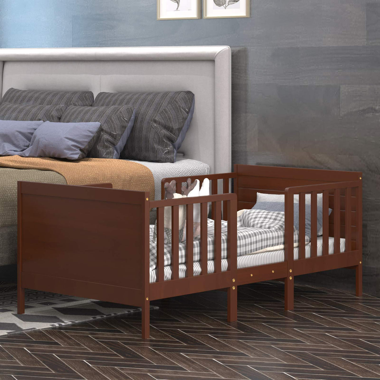 Costzon 2-in-1 Convertible Toddler Bed Frame with Safety Guardrails & Footboard - Brown Costzon