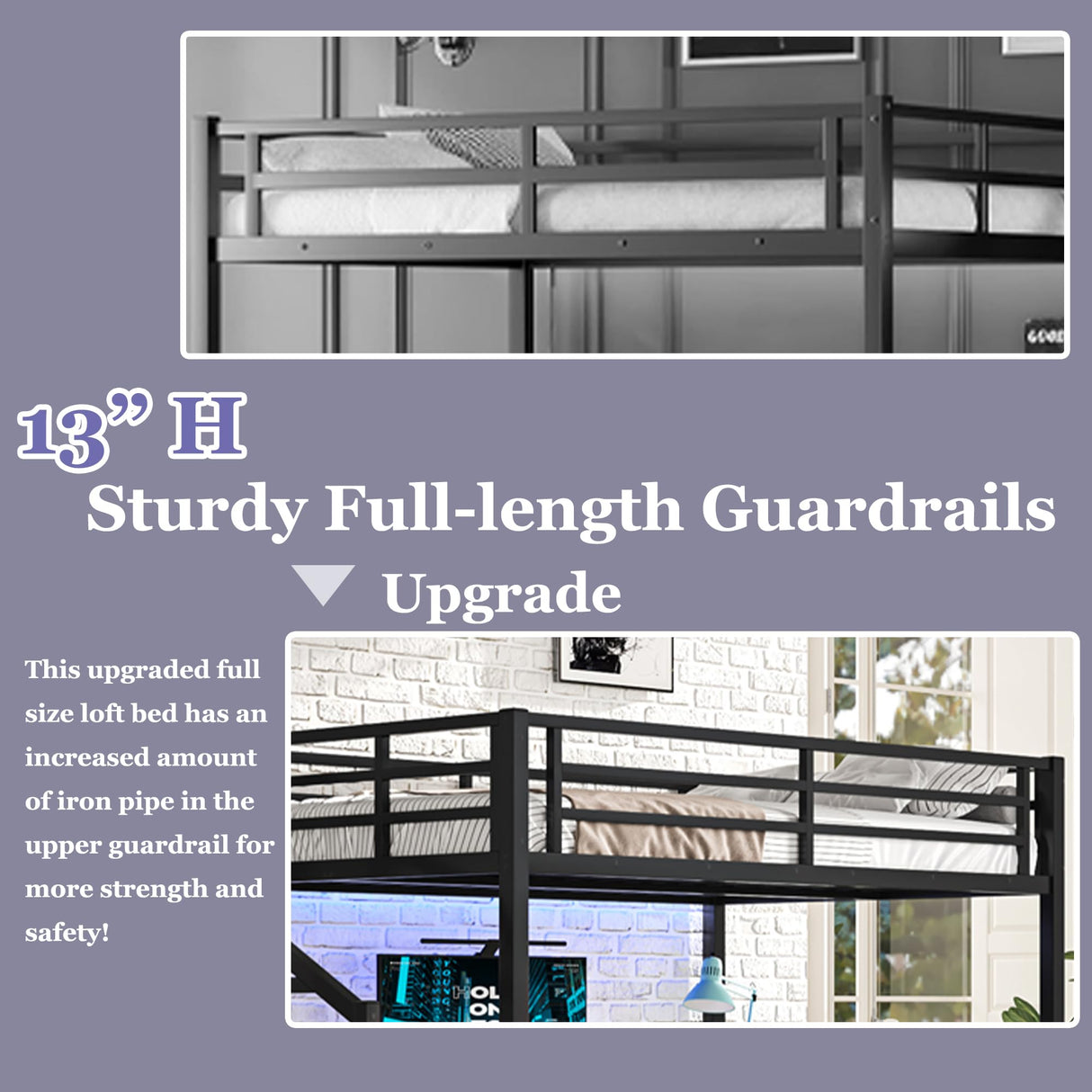 Bellemave Queen Loft Bed with Desk & Wardrobe, Heavy Duty Metal Loft Beds with Storage Stairs, LED Loft Bed Queen Size with Charging Station & Safety Guardrails, No Box Spring Needed, Black Bellemave