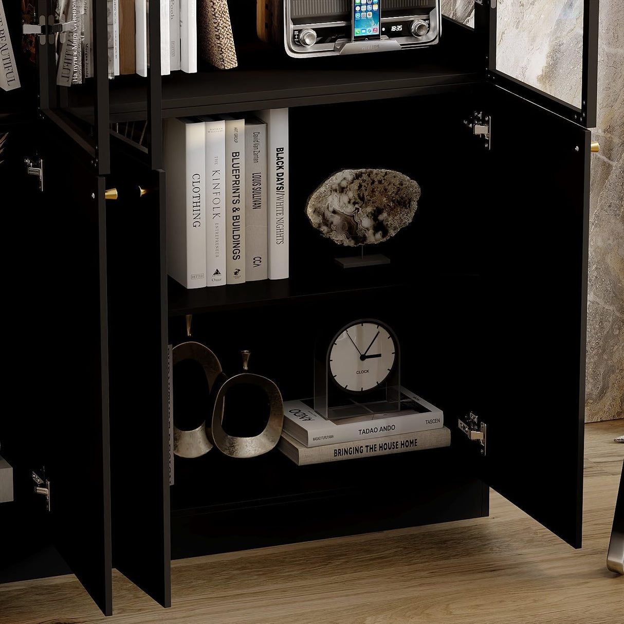 Timechee Large Glass LED Book Shelf, Tall Black Bookcase Storage Cabinet with Tempered Glass Doors and Shelves, Lighted Display Cabinet for Collections, Modern Wide Bookshelf for Living Room, Bedroom Timechee