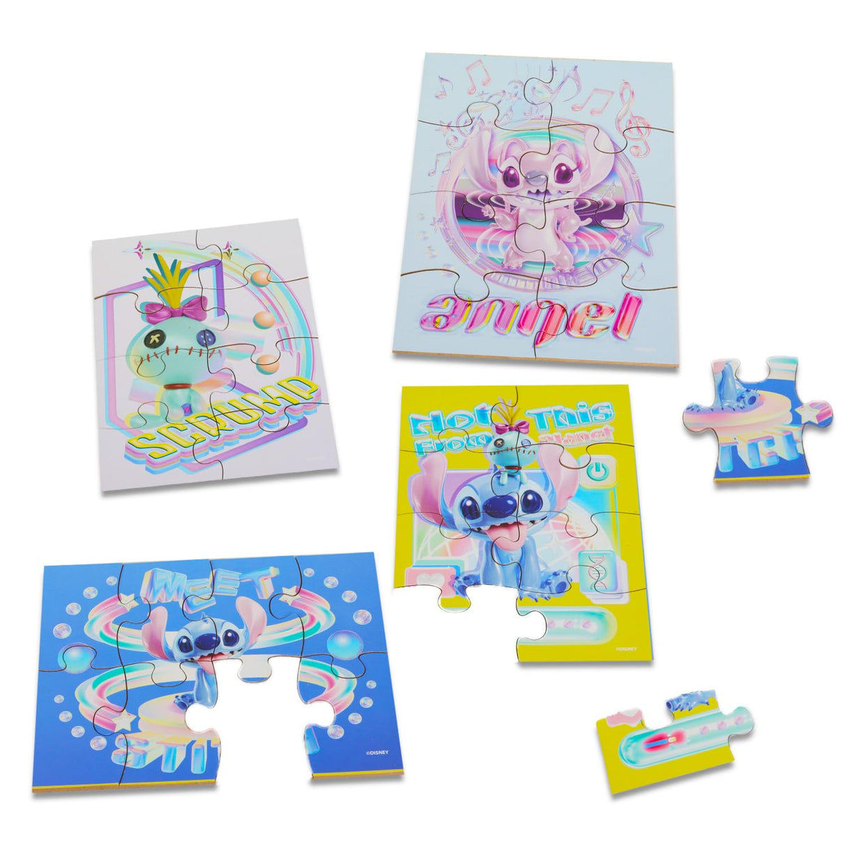 Stitch Wooden Puzzle 5 Pack - Stitch and Angel Wood Puzzles Bundle with Holding Tray Plus Tattoos, Activity Book, More for Boys, Girls | Stitch Jigsaw Puzzles for Kids Disney