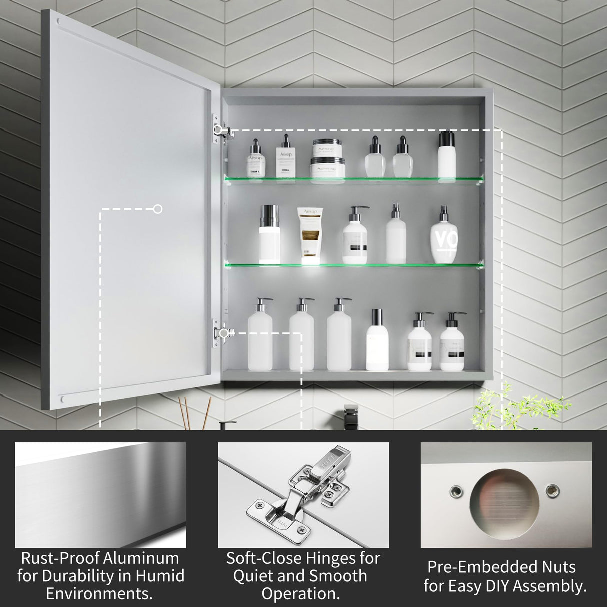 AZDHOME 24x26 Aluminum Alloy Frame Bathroom Medicine Cabinet Mirror,Recessed or Surface Mounted,Reversible L/R Door,Adjustable Shelves,Assembly Required AZDHOME