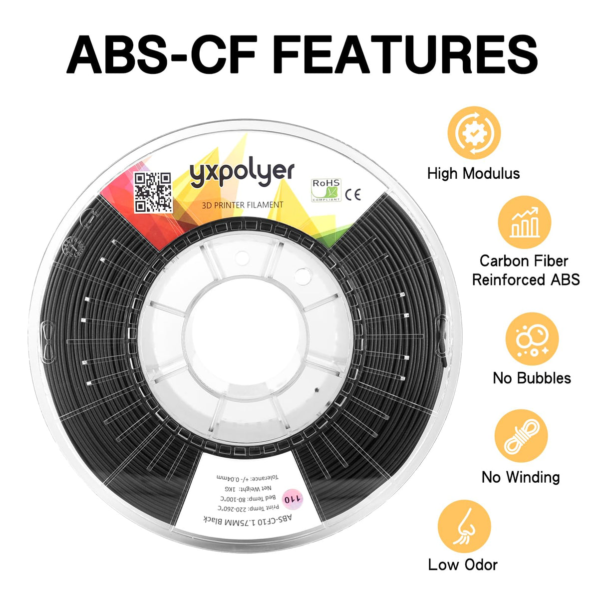 YXPOLYER Carbon Fiber ABS Filament 1.75mm 1kg ABS-CF 3D Printer Filament with Transparent Reusable PC Deformation-Resistant Spool fit AMS yxpolyer