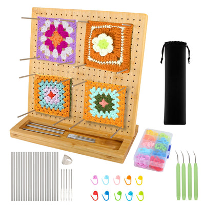iHansee 11" Crochet Blocking Board with 20 Pegs, 200 Stitch Markers, Bamboo Granny Square Blocking Boards for Crochet Projects, Knitting Crocheting Accessories Kit, Gifts for Crocheters
