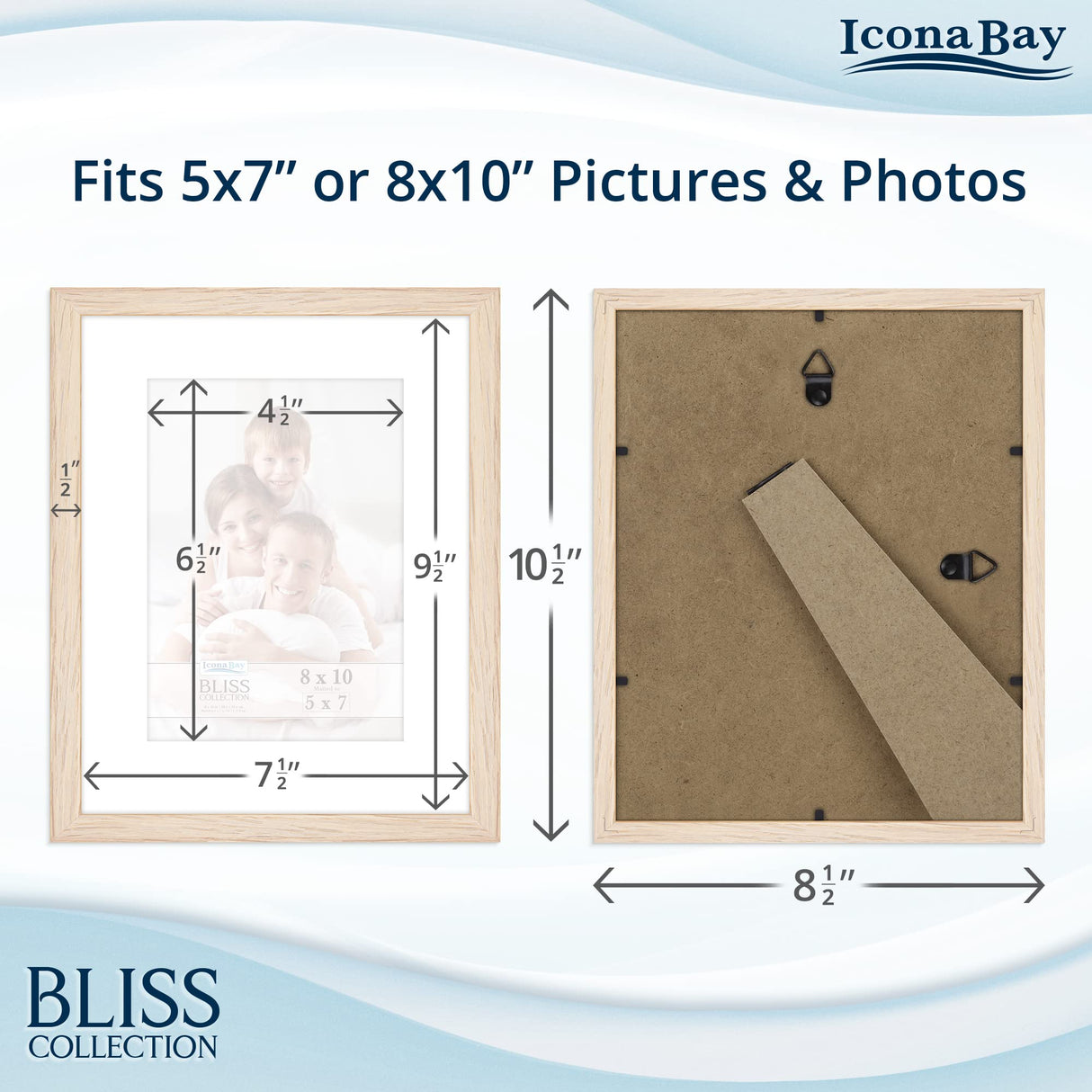 Icona Bay 8x10 Light Oak Picture Frame with Removable Mat for 5x7 Photo, Modern Style Wood Composite Frame, Table Top or Wall Mount, Bliss Collection Icona Bay