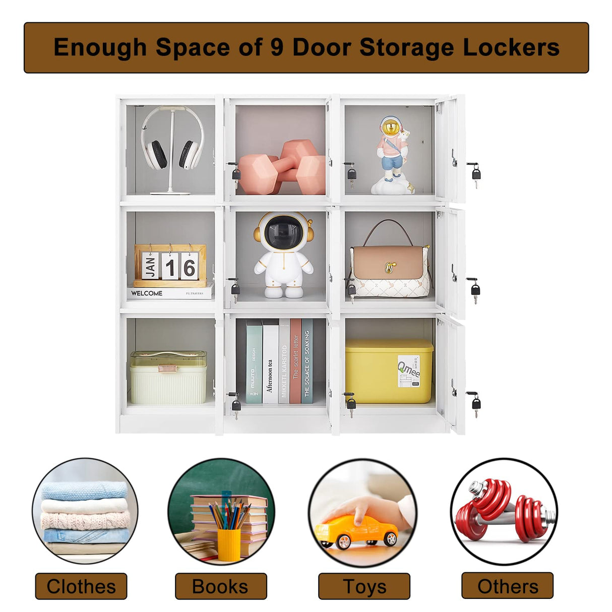 iCHENGGD Metal Locker 9 Door Storage Cabinet, Steel Storage Lockers for Employees, with Lock and Ventilation, Office School Gym Storage Organizer (White) iCHENGGD