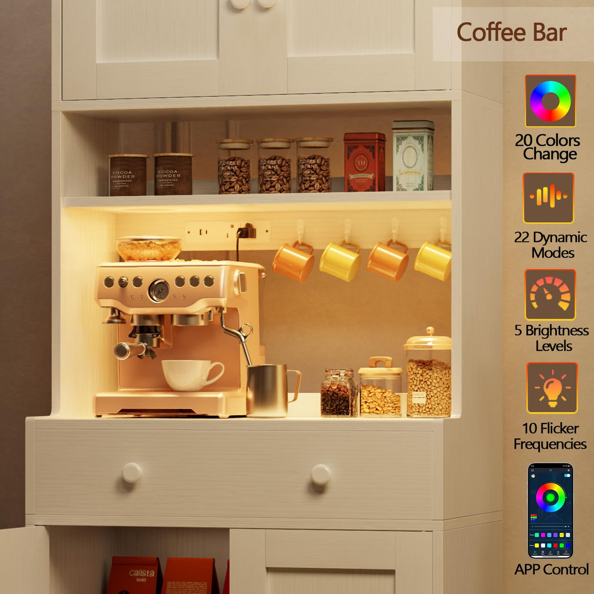 Korfile 71" Tall Kitchen Pantry Storage Cabinet with Power Outlet & LED Light, Freestanding Food Pantry Cabinet with 4 Doors and Shelves, Cupboard with Drawer, Hutch with Microwave Stand, White Korfile