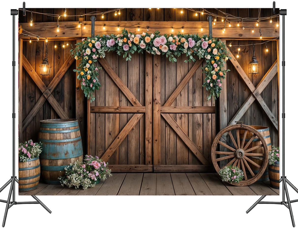 7x5ft Country Wedding Photography Backdrop Rustic Barn Door Photography Backdrop Farmhouse Pink Flower Cabin Wooden Birthday Baby Shower Wedding Bridal Party Banner Photo Booth Props Background Mtsxfy