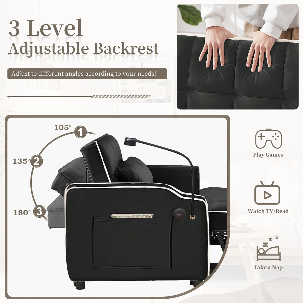 JEEOEHY 3 in 1 Convertible Sleeper Sofa Bed,Velvet Pull Out Couch Bed w USB&Type C Port,Comfy Futon Loveseat w Adjustable Backrest&Phone Stand&Cup Holder for Living Room Apartment Small Space(Black) JEEOHEY